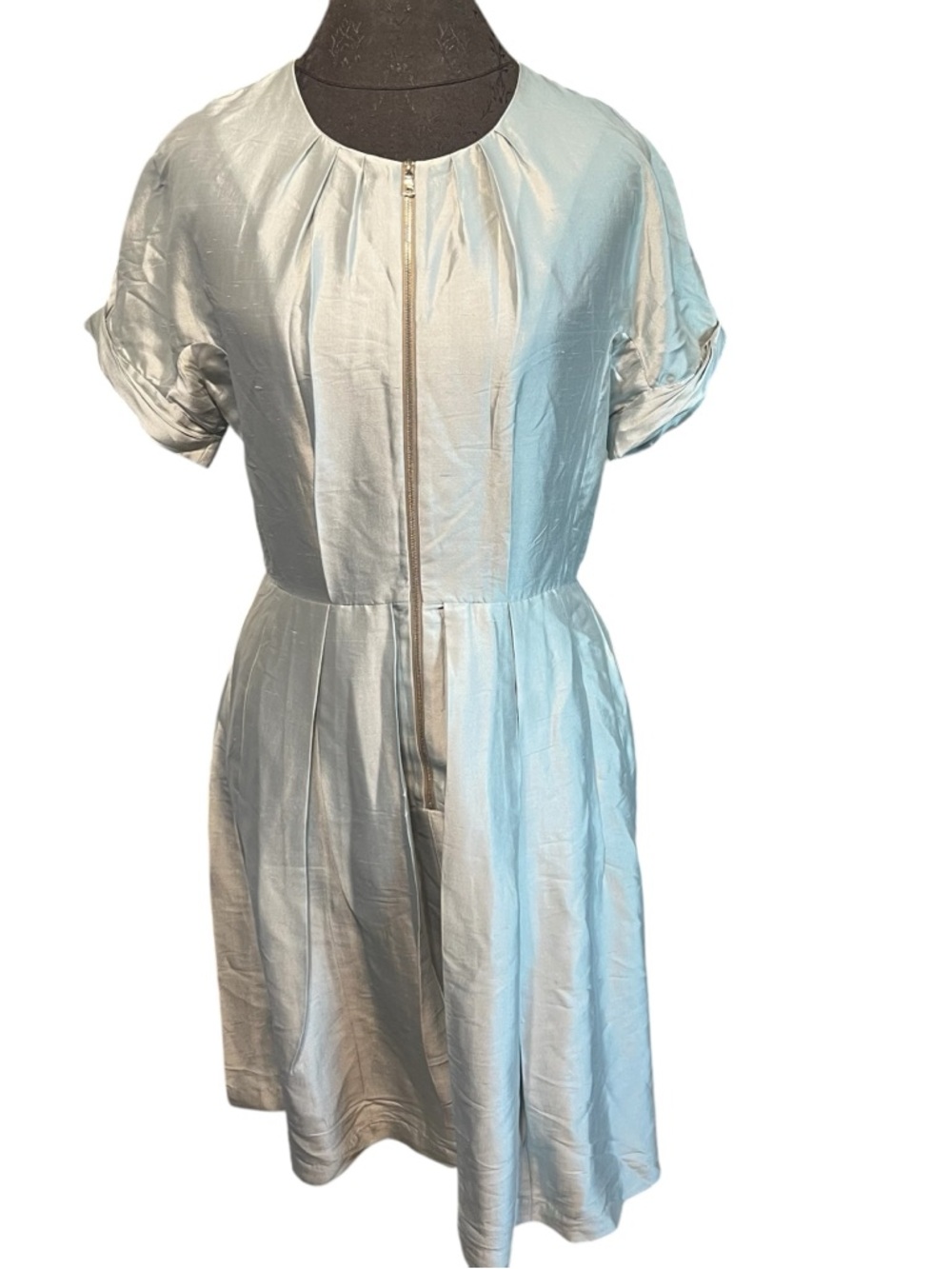 Lida Baday Ice Blue Silk Short Sleeve Exposed Zipper Dress Secretary Dress Sz 8